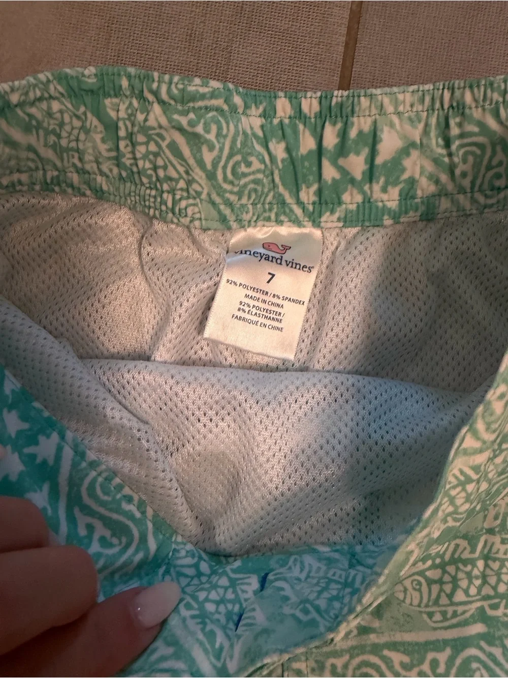 Vineyard Vines Mint Green Patterned Kids Swim Trunks with Blue Drawstring Size 7